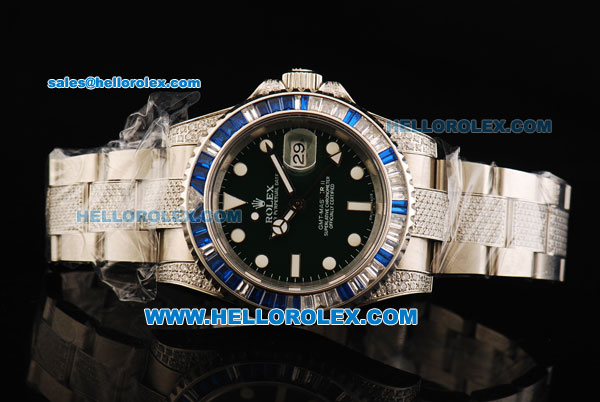 Rolex GMT-Master II Swiss ETA 2836 Automatic Movement Steel Diamond Case and Strap with White Markers and Diamond Bezel - Click Image to Close